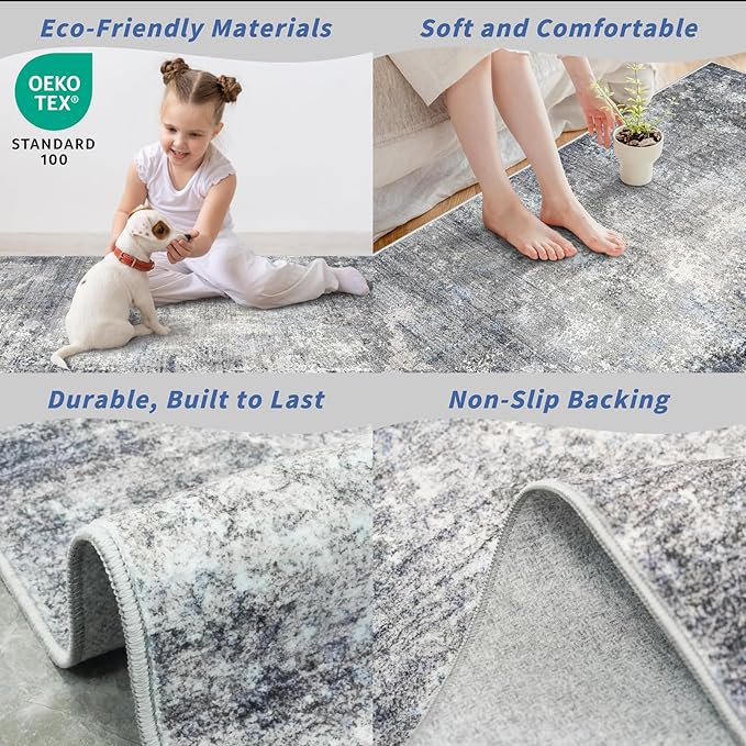 2x3 Washable Non-Slip Rug – Modern Abstract Neutral Small Throw Area Rug for Kitchen, Entryway, Bedroom – Soft Low Pile Thin Indoor Door Mat（Blue Grey,2x3）