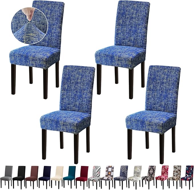 Chair Covers, Dining Room Chair Covers, Stretch Kitchen Chair Covers/Dining Room Chair Covers Set of 4, Removable Washable Dining Chair Slipcovers for Home, Hotel, Banquet, Linen Blue Pattern