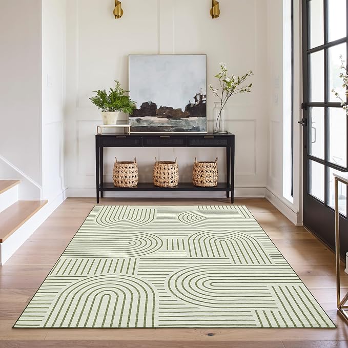 ROYHOME Washable Rug 5x7 Area Rugs for Living Room, Abstract Rug for Bedroom, Soft Rainbow Non Slip Throw Rugs with Rubber Back, Low Pile Stain Resistant Boho Geometric Carpet for Dining Room, Green