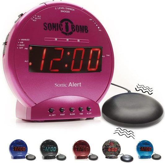 Sonic Alert Sonic Bomb Dual Alarm Clock with Bed Shaker, Pink Vibrating Alarm Clock for Heavy Sleepers, Battery Backup | Wake with a Shake by SonicAlert