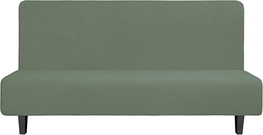 Easy-Going Stretch Futon Slipcover Armless Futon Bed Cover Furniture Protector Without Armrests with Elastic Bottom for Kids, Soft Jacquard Fabric Small Checks (Large, Greyish Green)