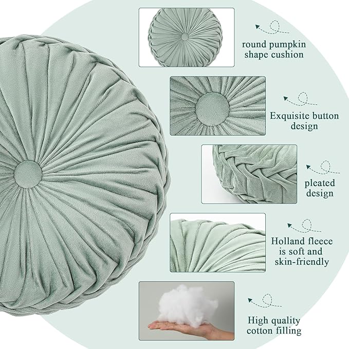Drydiet 3 Pcs Round Throw Velvet Pillows Decorative Pleated Throw Pillows 15'' Diameter Accent Pumpkin Boho Chair Cushion for Couch Sofa Home Decoration (White,Light Green,Green)