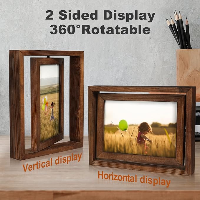 Egofine 2 Pack 4x6 Rotating Floating Picture Frames,Double-Sided Display with HD Glass Front Wooden Distressed Frame for Vertical or Horizontal Tabletop Display, Carbonization