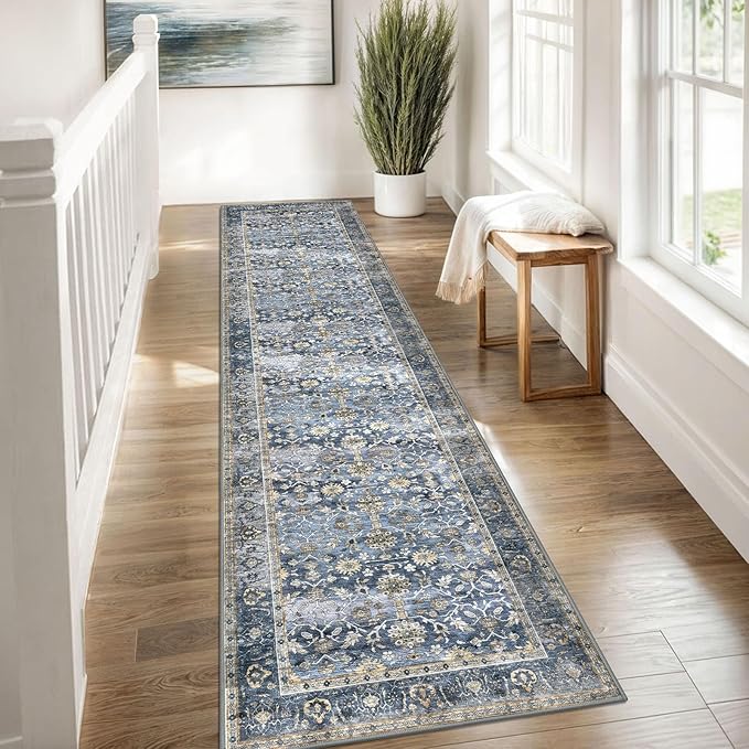 KUTA Vintage Washable Runner Rug, 2x8 Blue Grey Beige Runners for Hallways Non-Slip Kitchen Rugs Ultra Thin Soft Printed Distressed Floral Floor Carpet for Laundry Bedroom Living Room Nursery