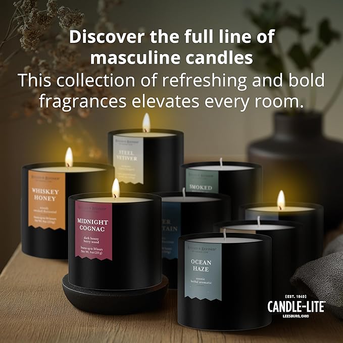 Candle-lite Rugged & Refined Scented Candle for Men, Refined Mahogany, 9 oz Tin, Poured in The USA, Masculine Fragrance, 1-Wick, 58 Hours of Burn Time, Ideal Gift for Man in Your Life & Father's Day