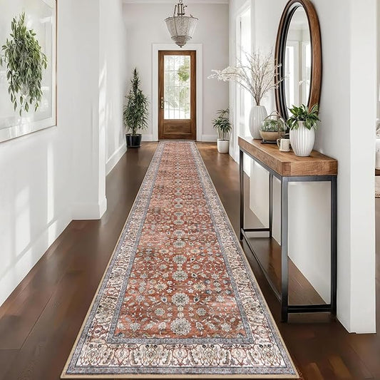 KUTA Vintage Washable Long Hallway Runner Rug, 2.6x16 Red Clay Non-Slip Kitchen Rugs Ultra Thin Soft Printed Distressed Oriental Floral Floor Carpet for Laundry Bedroom Living Room Nursery