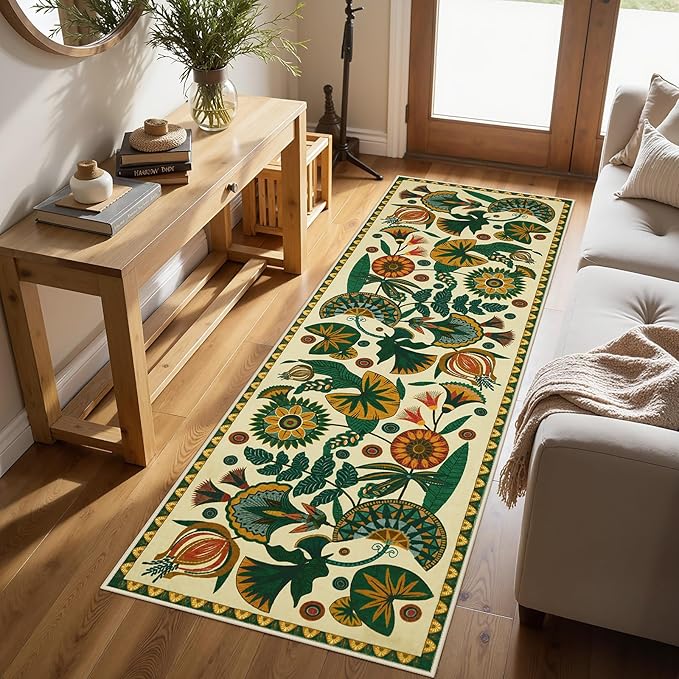 Joydeco Egypt Floral Washable Runner Rug for Hallway Entryway, Boho 2x8 Beige Bathroom Kitchen Runner Rugs Non Skid Washable, Vintage Non Slip Throw Carpet for Laundry Room Entrance