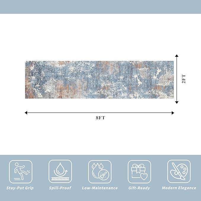 2x8 Washable Non-Slip Hallway Runner Rug – Modern Coastal Abstract Neutral Stain-Resistant Low-Pile Carpet Runner for Kitchen Entryway Bedroom Bathroom (Blue Rust,2x8)