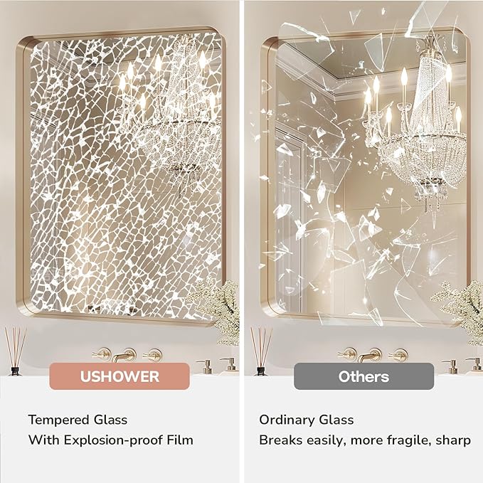 USHOWER Gold Bathroom Mirror 22"x30", Brushed Gold Rectangle Mirror for Over Sink, Aluminum Frame, Anti-Rust, Tempered Glass, Horizontal or Vertical Mounted, Champagne Gold (Neutral Gold)