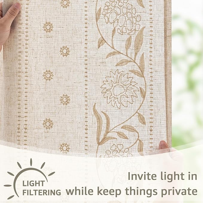 jinchan Winslow Linen Curtains for Living Room Floral Curtains 84 Inch Length Ivory Embroidered Bordered for Sitting Room Farmhouse Decor Light Filtering Window Treatments Set of 4