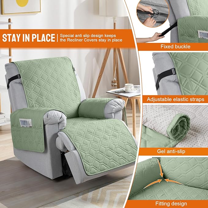 VANSOFY 100% Waterproof Recliner Chair Covers, Recliner Cover Non-Slip Dog Chair Cover Furniture Protector Washable Slipcover with Pocket, Elastic Straps for Pets, Dogs(Light Green, 20")