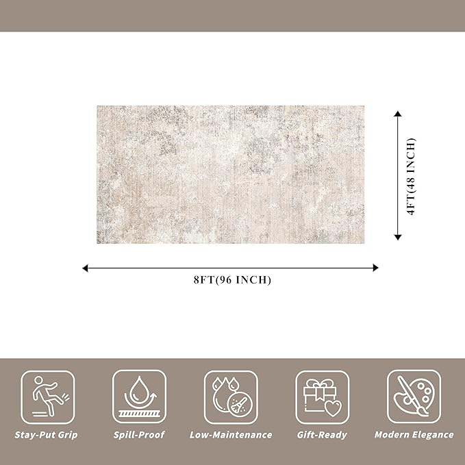 4x8 Washable Indoor Entryway Rug – Non-Slip Rubber Backed Floor Mat for Kitchen, Hallway, Bedroom – Modern Abstract Low-Pile Thin Wide Carpet Runner for Bathroom, Living Room, Office (Beige Grey, 4x8)