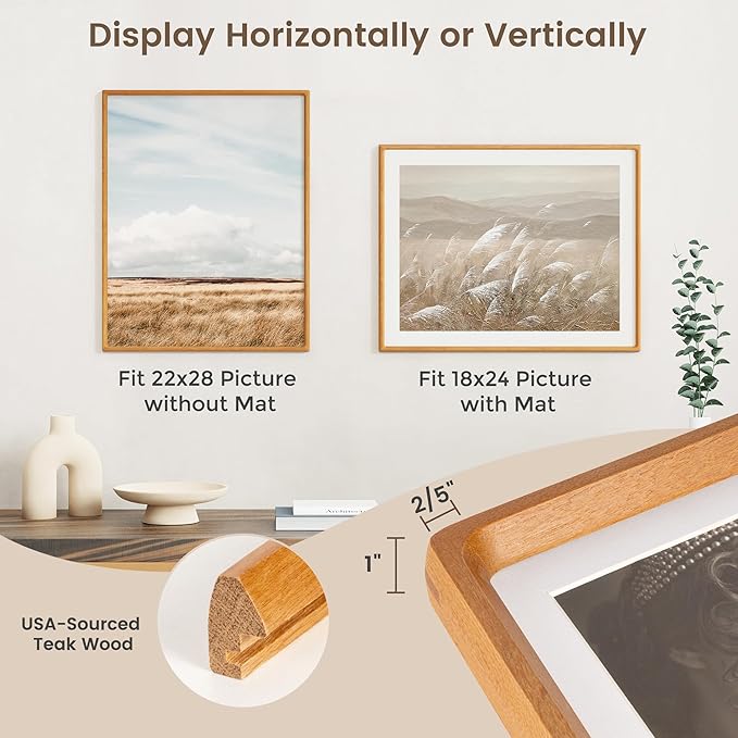 22x28 Poster Frame, USA-Sourced Teak Wood Picture Frame with HD Tempered Glass, Handcrafted Rounded Corner 22 x 28 Wooden Frames Matted to 18x24 Photos, Horizontal or Vertical Wall Display