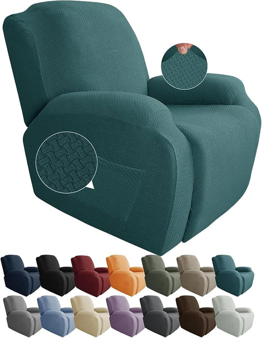 JIVINER 4-Piece Recliner Chair Covers Stretch Jacquard Covers for Reclining Chair Recliner Slipcovers for Living Room Soft Recliner Protector with Pocket (Recliner, Peacock Blue)