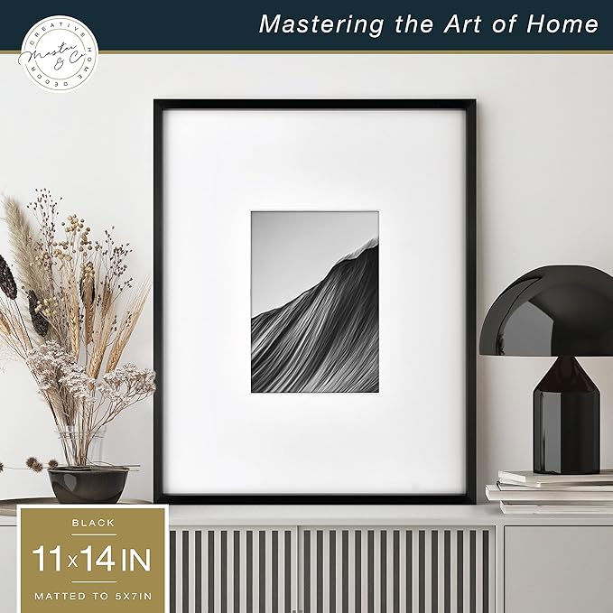 MCS Master & Co. Foundry Metal 11x14 Matted Picture Frame with 5x7 Photo Display, Black Vertical & Horizontal Wall Hanging Frame for Photos & Artwork (1-Pack)