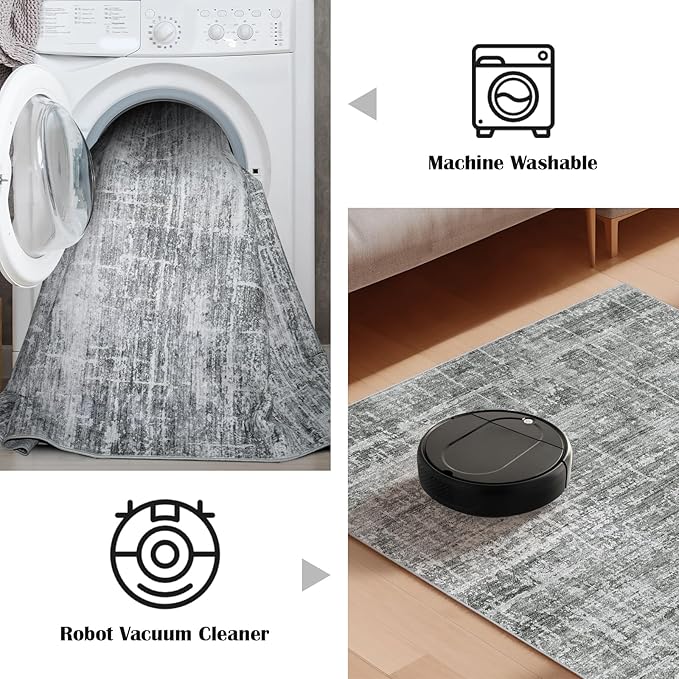 2x8 Washable Kitchen Runner Rug - Modern Abstract Neutral Carpet with Non-Slip Backing Low-Pile Stain-Resistant Thin Runners for Hallway Bathroom Bedroom Entryway (2x8, Gray)