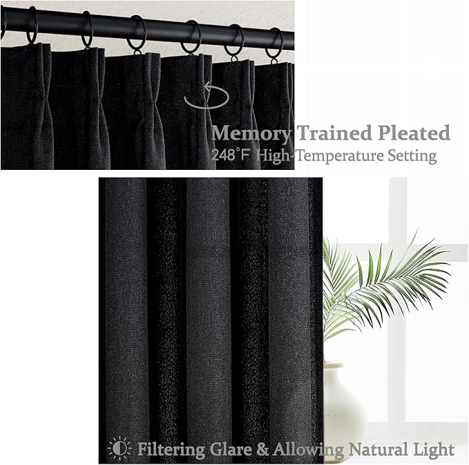 Pinch Pleated Black Sheer 96 Inch Curtains for Bedroom, Neutral Thick Linen Blend Pleat Light Filtering Sliding Door Curtain Lush Decor Privacy Window Drapes Hooks Back Tab (40"W x 96"L Panels 2 Set)