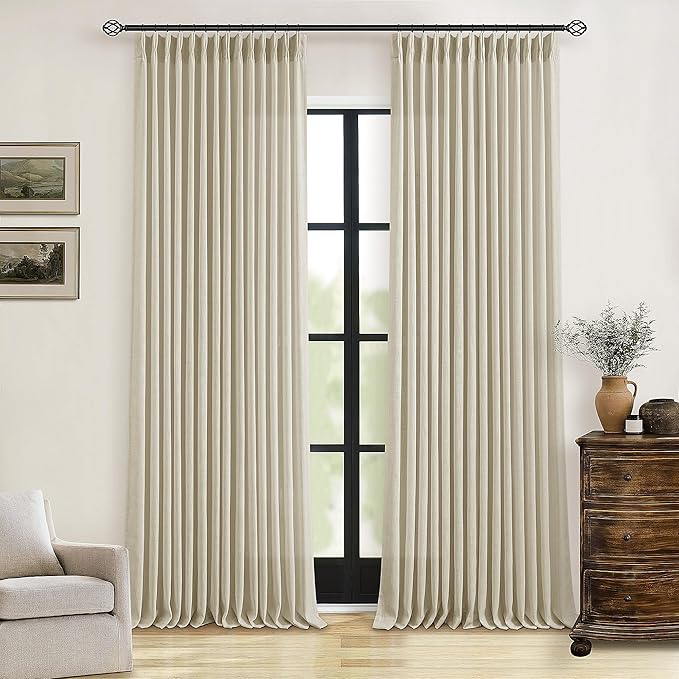 Beige Pleated Linen Curtains 105 Inches Long 2 Panels for Living Room Bedroom Memory Training Shaped Semi Sheer Neutral Flax Burlap Pinch Pleat Drapes Hooks Rings Light Filtering Window Curtain