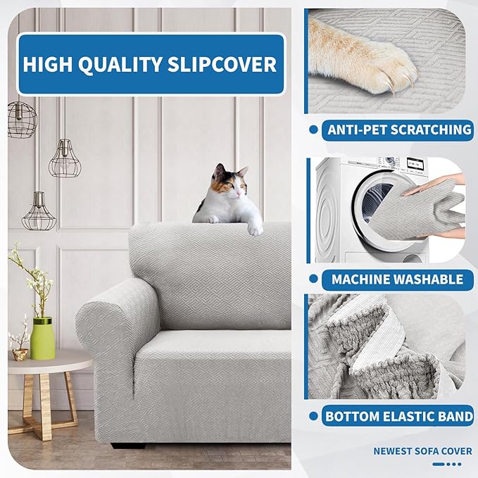 XINEAGE 2026 New 1 Piece Couch Covers for 3 Cushion Couch (79"-91") Stretch Sofa Cover Slipcover Pet Friendly Soft Washable Furniture Protector with Elastic Bottom for Kids,Dog (Sofa, Silver Grey)
