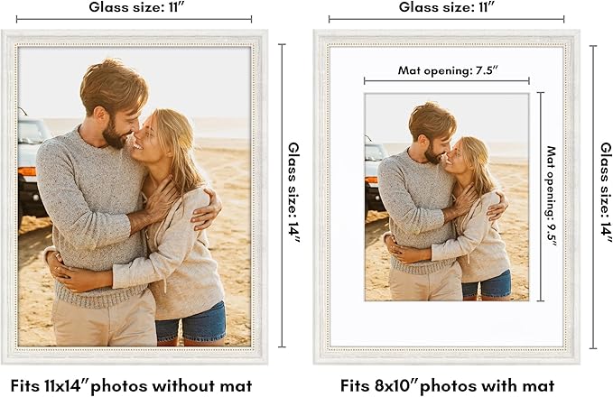 Americanflat Vintage Frames - 11x14 Picture Frame with Beaded Accents and Shatter-Resistant Glass - Use as 8x10 Frame or Display 11x14 Photos Without Mat - Heirloom Collection - White Gold