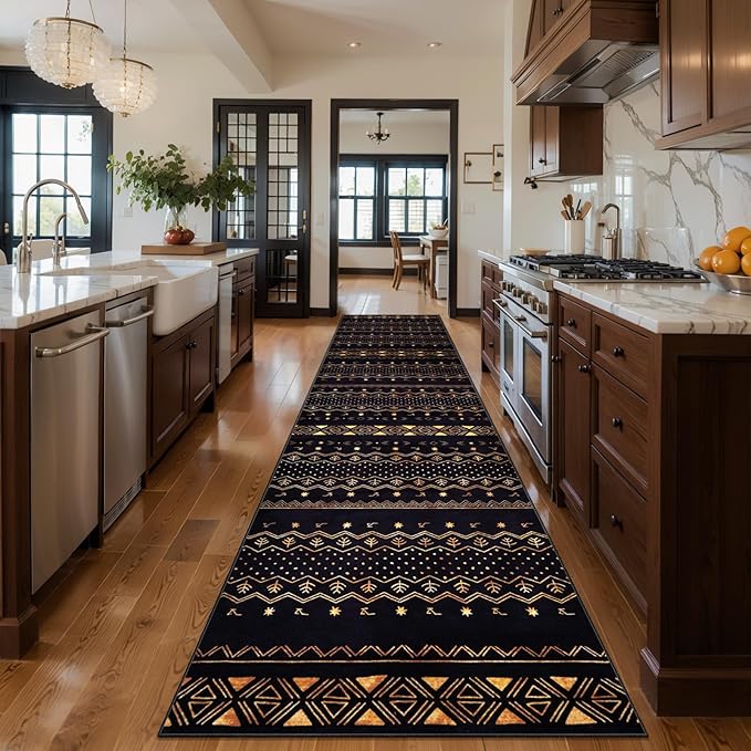 SERISSA Hallway Runner Rug, 2'6"x8' Washable Non-Slip Black and Gold Boho Rug, Soft Low-Pile Geometric Indoor Long Carpet for Kitchen Laundry Room Bathroom