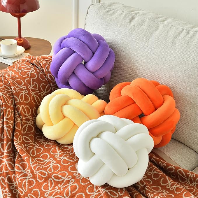 Knot Ball Pillow, Round Decorative Throw Pillows Cushion, 8 Inch Beige Soft Plush Knotted Pillows Pillow, Modern Home Throw Knot Decorative Cushion