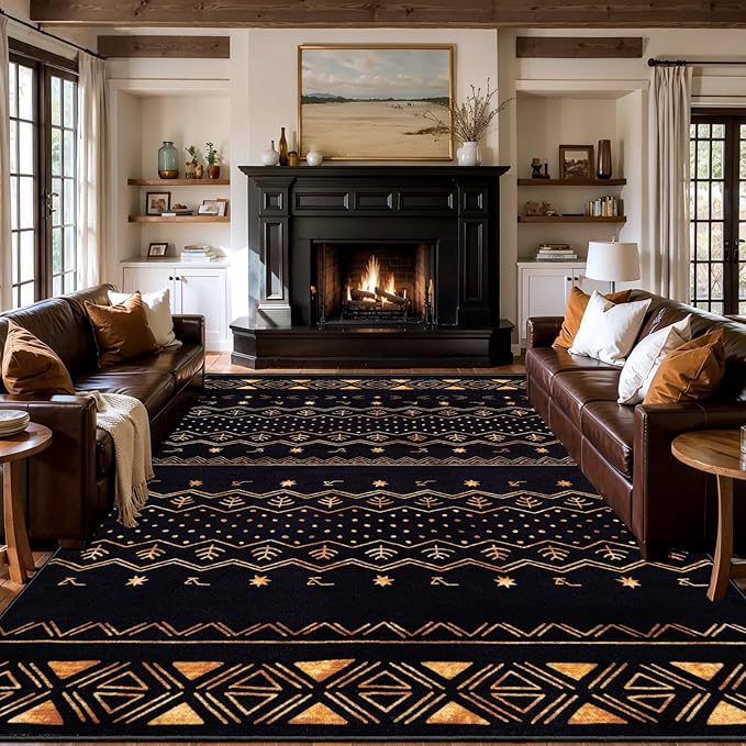 SERISSA 9x12 Area Rugs for Living Room, Washable Non-Slip Black and Gold Boho Rug, Soft Low-Pile Geometric Indoor Large Carpet for Dining Room Bedroom Home Office Playroom