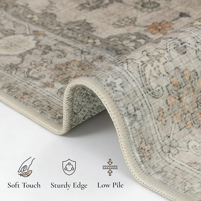 GENIMO Runner Rug for Hallways Machine Washable, 2x6 Non Slip Boho Vintage Lightweight Washable Runners, Thin Floor Rugs for Entryway Hallway Bathroom Laundry Room Corridor, Light Taupe Green