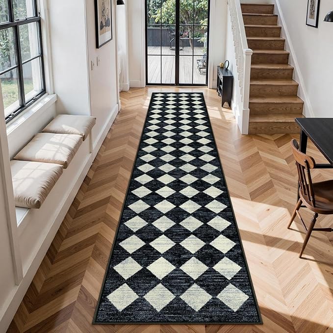 Lahome Zelie Checkered Washable 2x12 Runners for Hallways Non Slip, Black Kitchen Bathroom Runner Rugs, Modern Trellis Ultra-Thin Indoor Carpet Runner for Bedroom Dorm Classroom Decor (2'x12',Black)