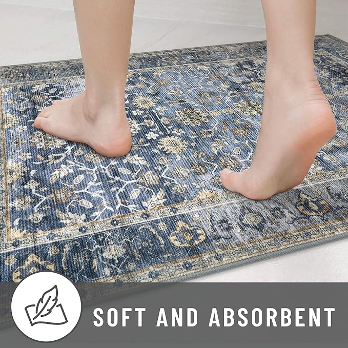 KUTA Vintage Washable Runner Rug, 2x6 Blue Grey Beige Runners for Hallways Non-Slip Kitchen Rugs Ultra Thin Soft Printed Oriental Floral Floor Carpet for Laundry Bedroom Living Room Nursery