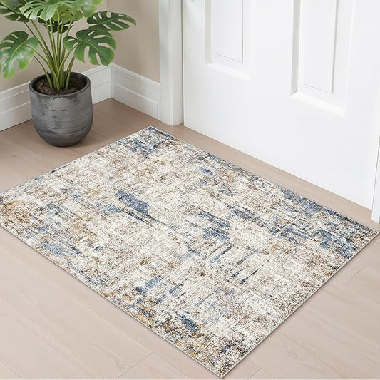 2x3 Washable Non-Slip Area Rug - Soft Low Pile Throw Rug for Kitchen Entryway Bedroom - Modern Indoor Door Mat with Rubber Backing （Blue Brown）