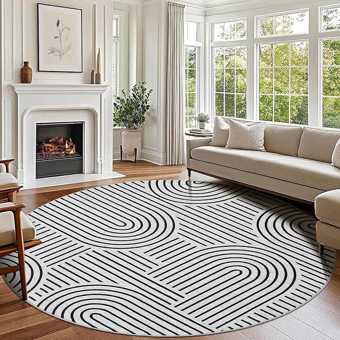 Washable Rug 6ft Area Rugs for Living Room, Abstract Rug for Bedroom, Soft Rainbow Non Slip Throw Rugs with Rubber Back, Low Pile Stain Resistant Boho Geometric Carpet for Dining Room,Blackwhite