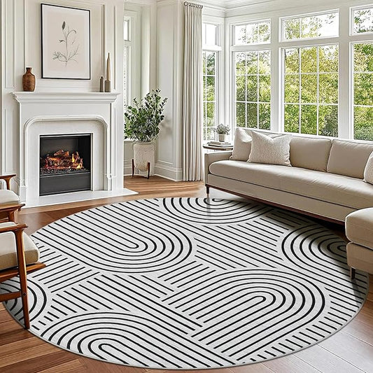 Washable Rug 6ft Area Rugs for Living Room, Abstract Rug for Bedroom, Soft Rainbow Non Slip Throw Rugs with Rubber Back, Low Pile Stain Resistant Boho Geometric Carpet for Dining Room,Blackwhite