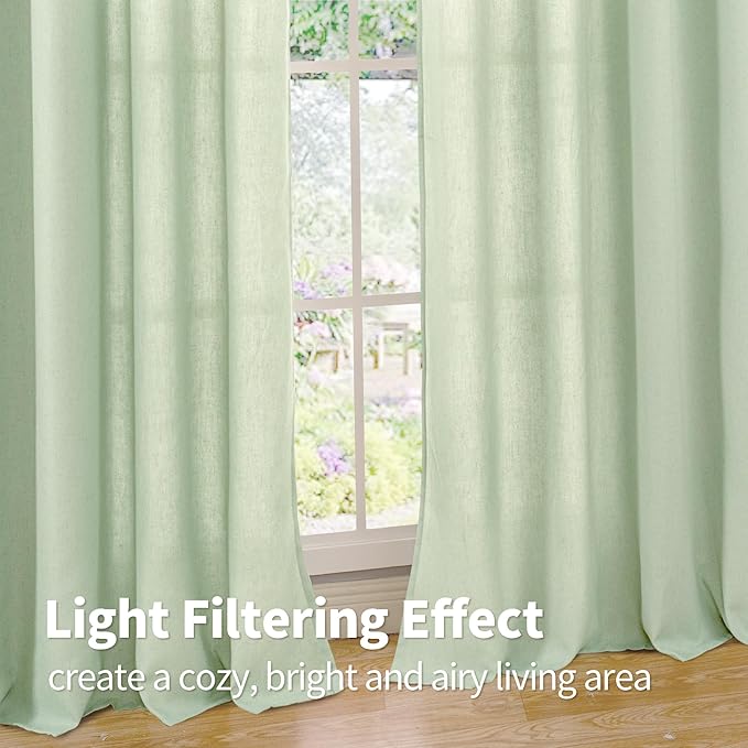 YoungsTex 63 Inch Length Sage Linen Curtains for Living Room, Grommet Boho Window Drapes Light Filtering for Bedroom Privacy Spring Decor, 2 Panels, 52 X 63 Inch