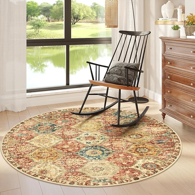 Lahome Moroccan Trellis Washable Round Rugs, Non-Slip Soft Round Rug 4ft Ultra-Thin, Small Vintage Circle Carpet for Entryway Kitchen Bedroom Nursery Bathroom Elise, Red/Orange