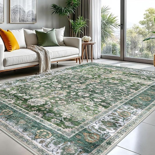 KUTA Vintage 8x10 Area Rugs for Living Room, Green Washable Large Rug for Bedroom 8ft x 10ft Non-Slip, Ultra Thin Soft Printed Traditional Floral Medallion Distressed Dining Room Low-Pile Carpet