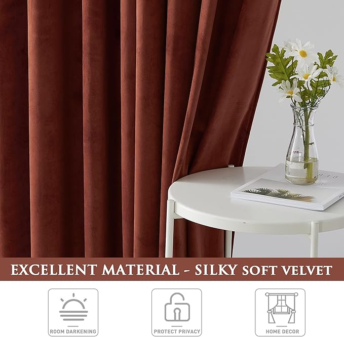 StangH Rust Velvet Curtains Grommet Room Darkening Privacy Drapes Thermal Insulated Window Panels for Living Dining Room/Nersury, Rust Red, W52 x L84 inches, 2 Panels