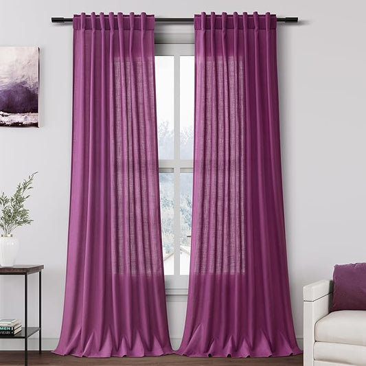 Nanspring Grape Purple Linen Curtains 96 Inch Long 2 Panels Set for Bedroom Living Room Linen Textured Window Drapes Semi Sheer Light Filtering Rod Pocket Back Tab Modern Farmhouse Curtain 52x96