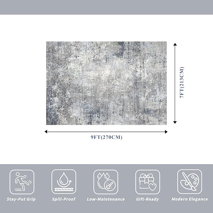 7x9 Washable Living Room Rug - Modern Abstract Neutral Indoor Rug for Dining Room, Kitchen, Bedroom, Non-Slip Low Pile Stain Resistant Carpet（Blue Grey,7x9）