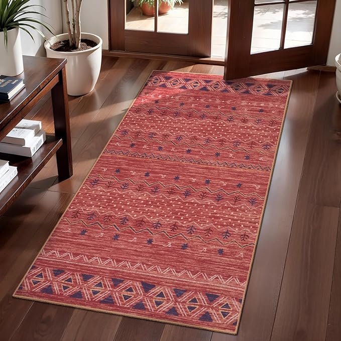 SERISSA 2x4 Rugs for Entryway, Washable Non-Slip Kitchen Runner Rug Small Red Ochre Rug, Soft Low-Pile Boho Geometric Door Mat Indoor Entrance Front Door Carpet for Bedroom Bathroom
