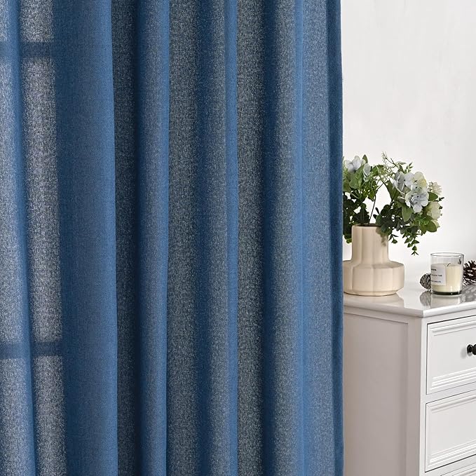 YoungsTex Dark Blue Linen Curtains 68 Inch Length for Living Room, Navy Semi Sheer Drapes Light Filtering with Bronze Grommet Privacy for Bedroom Decorative, 52 x 68 Inch, 2 Panels