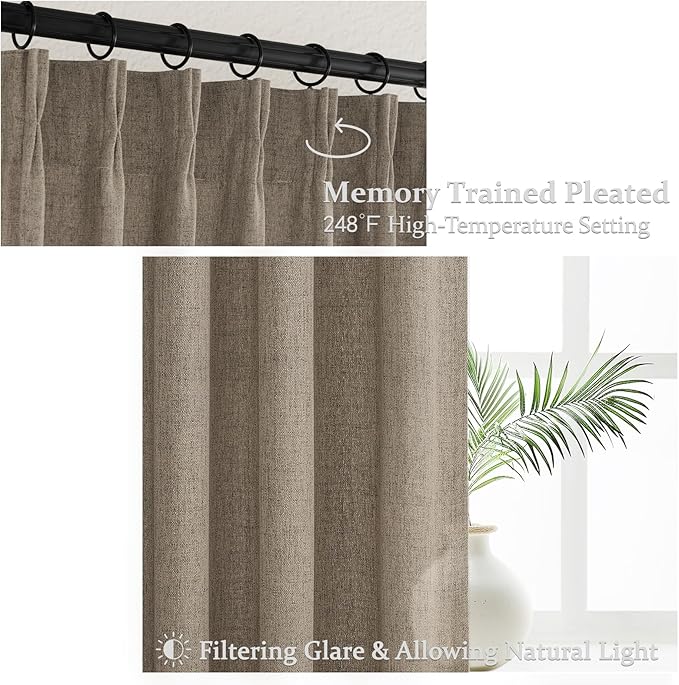 Custom Memory Shape Pinch Pleated 78 Inch Dining Room Curtains 2 Panels Set, Dark Brown Light Filtering Thick Linen Semi Sheer Curtain Privacy Country Windows Drapes 6-1/2 FT Length for Laundry Room