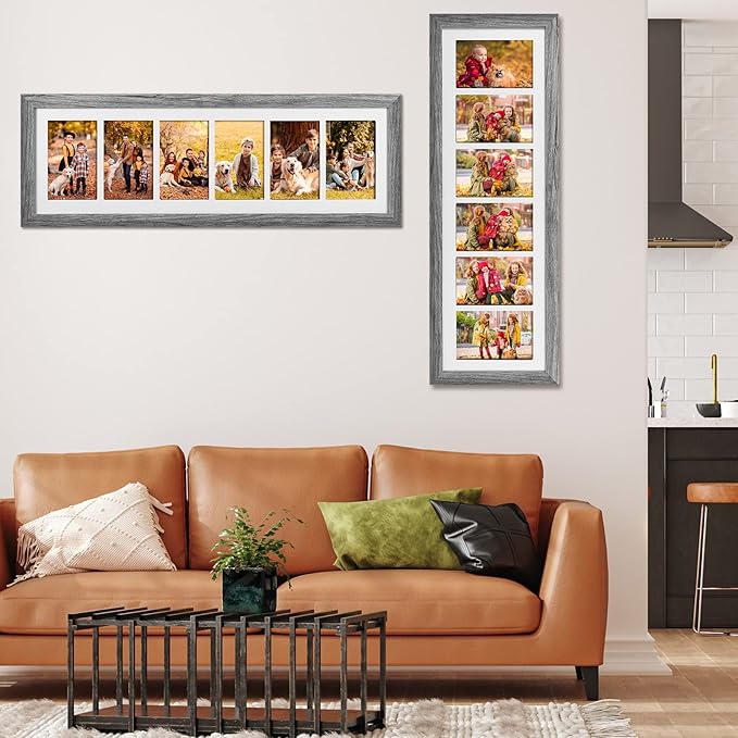 Chunful 2 Pcs 28.4 x 9.5 Inches Collage Picture Frames for Wall Multiple 4 x 6 Inch Wood Picture Frame Display 6 Opening Multi Photo Frame with Acrylic Screens Horizontal and Vertical(Gray)