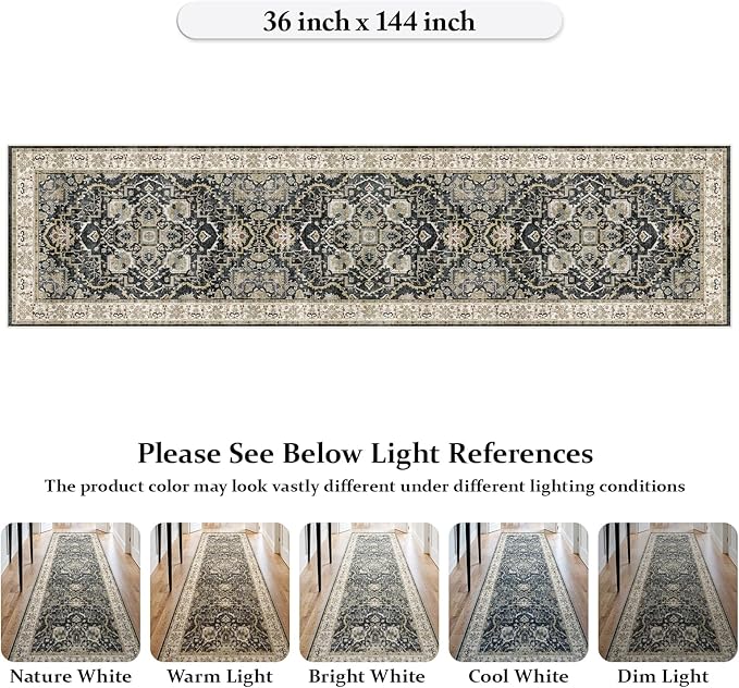 3x12 Runner Rug for Hallway, Non-Slip Long Washable Rug, Soft Thin Vintage Floor Mat for Kitchen, Bathroom, Bedroom, Entryway, Dining Room (Black, 3'x12')