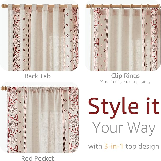 jinchan Winslow Linen Curtains for Bedroom 108 Inches Length Embroidered Bordered Floral Curtains for Living Room Farmhouse Decor Light Filtering Window Treatments Red on Beige Drapes 2 Panels