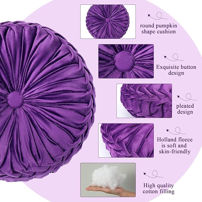 Drydiet 1 Pcs Round Throw Velvet Pillows Decorative Pleated Throw Pillows 15'' Diameter Accent Pumpkin Boho Chair Cushion for Couch Sofa Home Decoration (Purple)