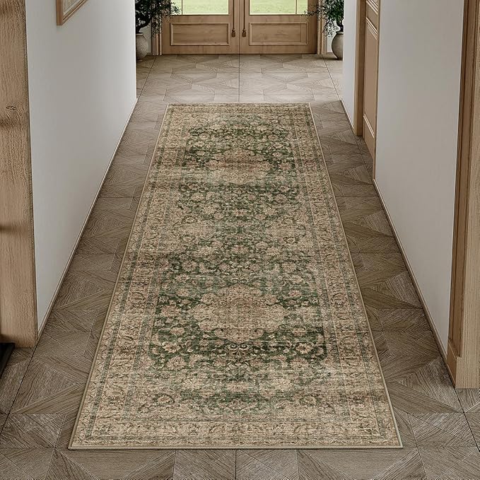 2x6 Washable Runner Rug Green Brown Vintage Non Slip Soft Low Pile Hallway Kitchen Rug Distressed Oriental Carpet for Laundry Bathroom Bedroom Living Room Home Decor