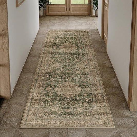 2x6 Washable Runner Rug Green Brown Vintage Non Slip Soft Low Pile Hallway Kitchen Rug Distressed Oriental Carpet for Laundry Bathroom Bedroom Living Room Home Decor