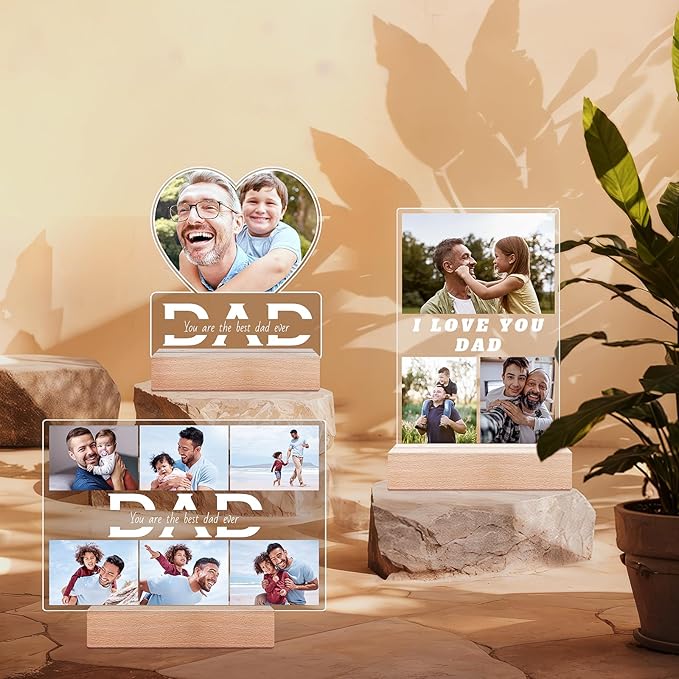 Personalized Gifts for Dad from Daughter Son, Custom Picture Frames with Photo, Customized Photo Frame with Night Light, Personalized Dad Birthday Gifts for Dad Baby Kids Family