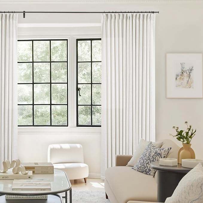 Pinch Pleated Linen Curtains 126 Inches Long for Living Room Bedroom Light Filtering Modern Neutral Window Drape 126 Inch 2 Panels Set with Hooks Rings Extra Long Semi Sheer Curtain Beige White